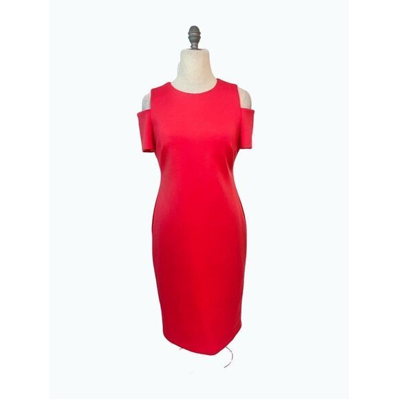 Calvin Klein Cold Shoulder Coral Scuba Sheath Dress 8 - Picture 2 of 5